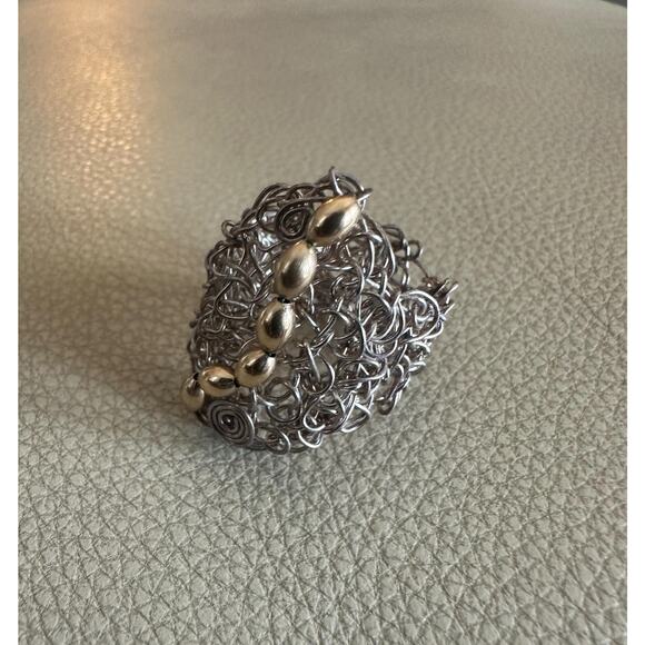 Crochet Fine Silver Wire Ring with Gold Beads Ring Size 7 - Picture 3 of 5